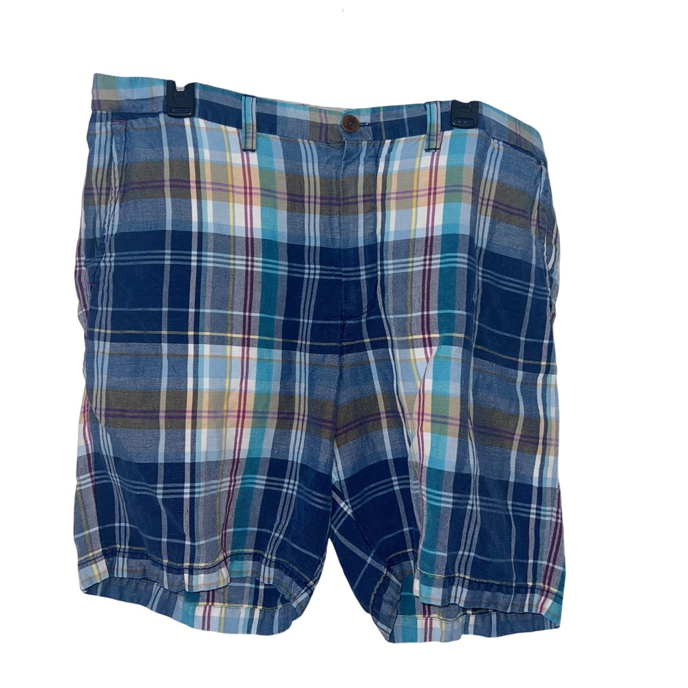 Tommy Bahama Mens 38 Blue Plaid Linen Tencel Blend Flat Front Island Shorts